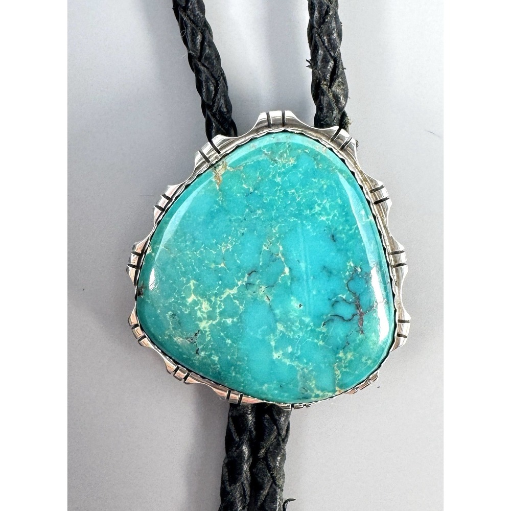 Harry Spencer Navajo Sterling Huge Kingman Turquoise Bolo Tie 1.75" Statement